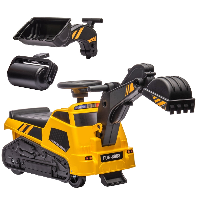 HOMCOM Ride on Tractor, 3 in 1 Ride on Excavator, Bulldozer, Road Roller, Pretend Play Construction No Power Truck with Music, for 18-48 Months - Yellow