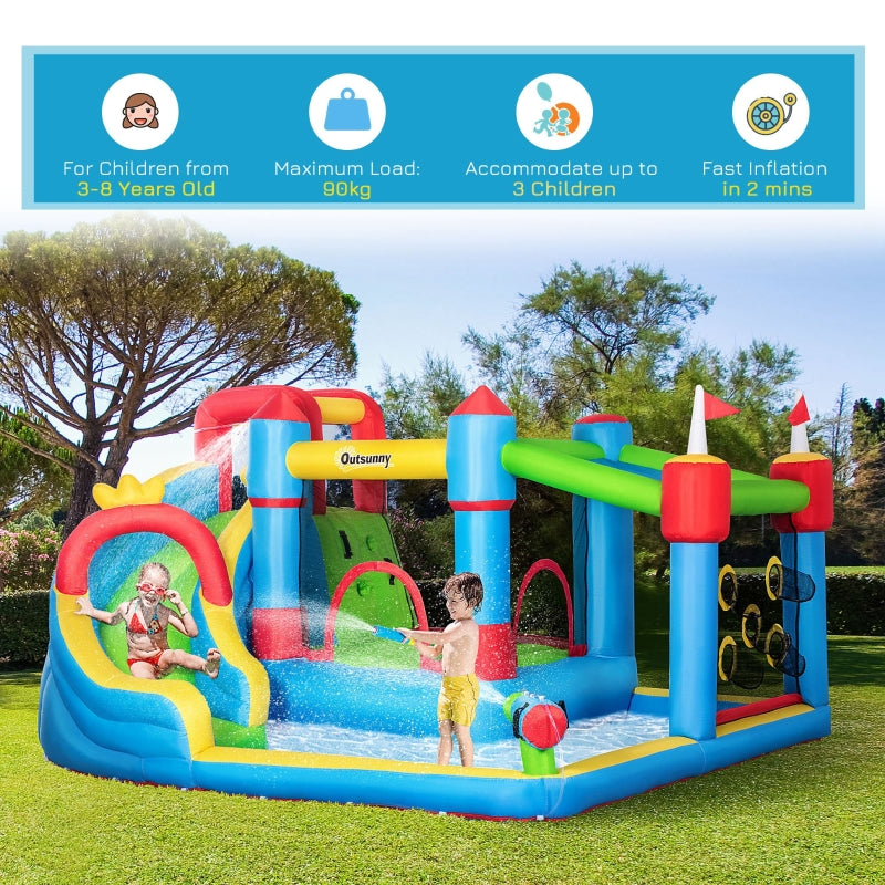 Outsunny 5 in 1 Kids Bounce Castle Large Castle Style Inflatable House Slide Trampoline Pool Water Gun Climbing Wall for Kids Age 3-8