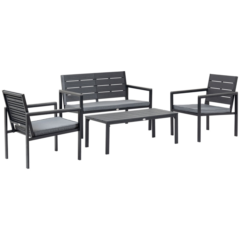 Outsunny 4 Piece Garden Sofa Set with Padded Cushions, Outdoor Conversation Furniture Set with Wood Grain Coffee Table, Steel Frame Grey