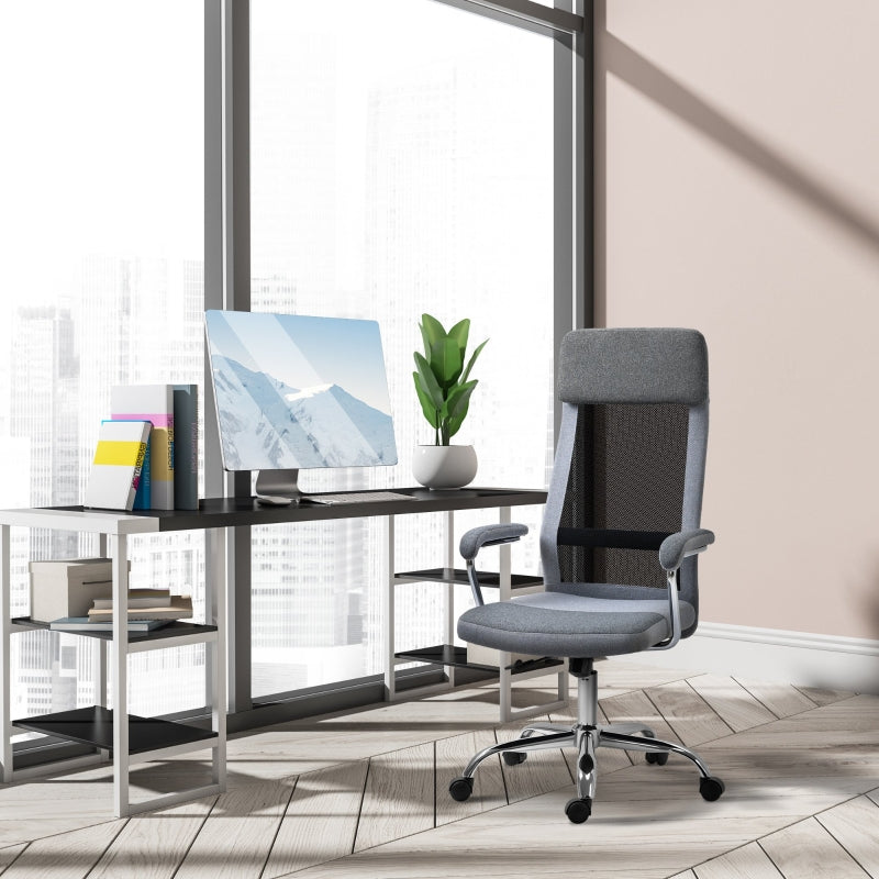 Vinsetto Office Chair Linen-Feel Mesh Fabric High Back Swivel Computer Task Desk Chair for Home with Arm, Wheels, Grey