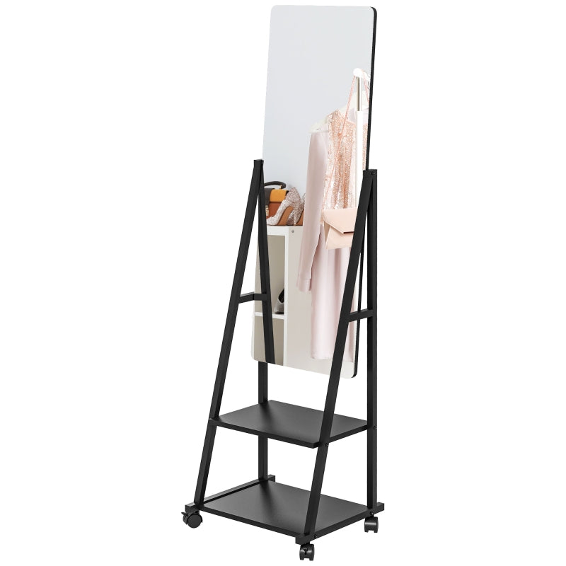 HOMCOM Free Standing Dressing Mirror, Rolling Full Length Mirror on Wheels with Adjustable Angle, Storage Shelves for Bedroom