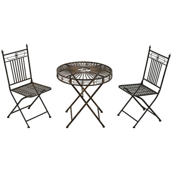 Outsunny 3 Piece Garden Outdoor Bistro Set with 2 Folding Chairs and 1 Folding Round Table, Metal Frame for Lawn, Backyard and Porch, Bronze