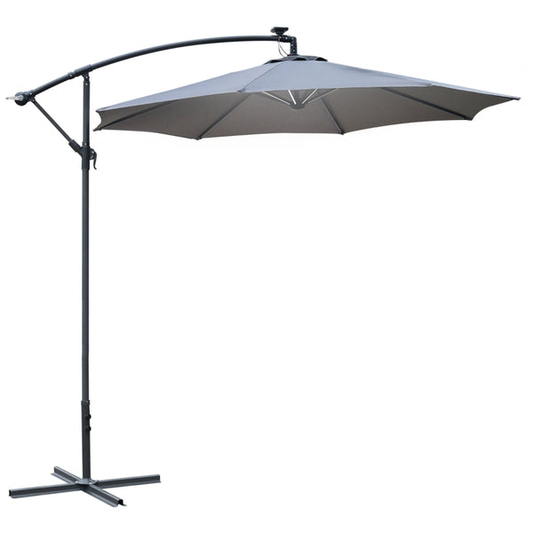 Outsunny 3(m) LED Banana Parasol Garden Cantilever Umbrella with Solar Lights, Crank Handle and Cross Base, Hanging Sun Shade, Grey