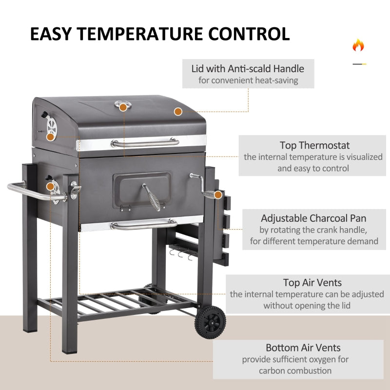 Outsunny Charcoal Grill BBQ Trolley Backyard Garden Smoker Barbecue w/ Shelf Side Table Wheels Built-in Thermometer