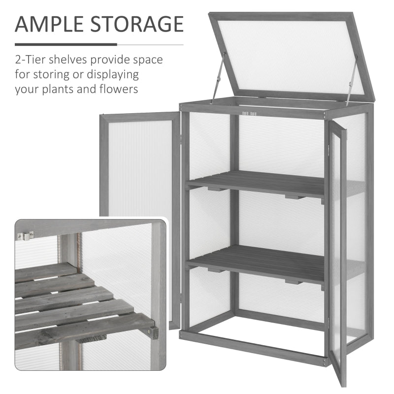 Outsunny 3-Tier Wooden Cold Frame Greenhouse Garden Polycarbonate Grow House w/ Adjustable Storage Shelf, 76 x 47 x 110 cm, Dark Grey