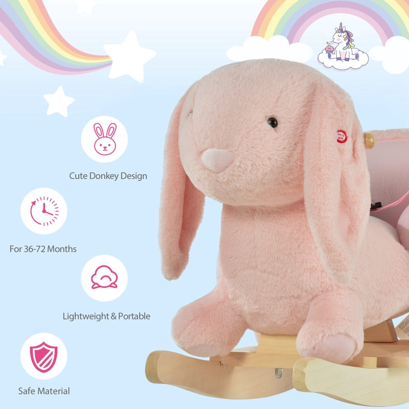 HOMCOM Toddlers Rabbit Plush Rocking Ride On w/ Sound Pink