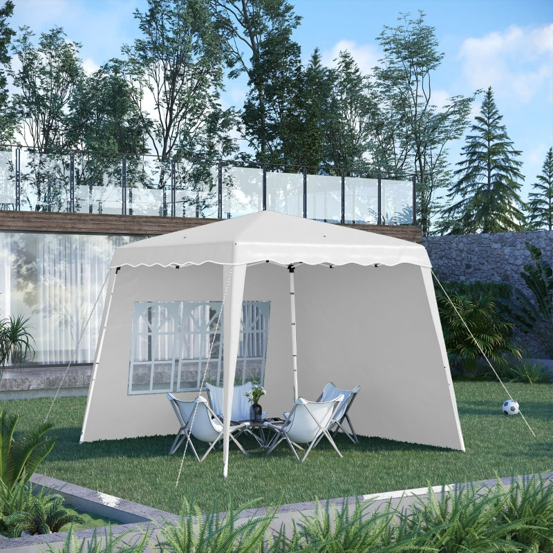 Outsunny 2.9 x 2.9m Pop Up Gazebo with 2 Sides, Slant Legs and Carry Bag, Height Adjustable UV50+ Party Tent Event Shelter for Garden, Patio, White