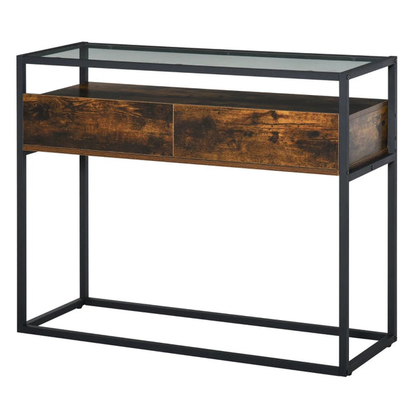 HOMCOM Entryway Console Table Desk with Drawers, Toughened Glass Shelf, 3D Wood Grain