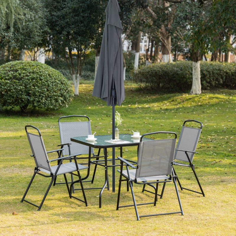 Outsunny 5 Piece Garden Dining Set Outdoor Dining Furniture 4 Folding Chairs, Glass Top Table with Parasol Hole, Texteline Seats, Black