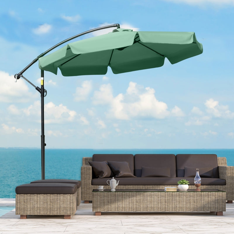 Outsunny 2.7m Garden Parasol Cantilever Umbrella with Crank Handle and Cross Base for Outdoor, Hanging Sun Shade, Green