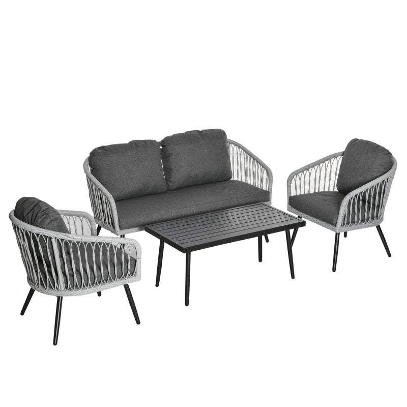 Outsunny 5-Seater Garden PE Rattan Sofa Set w/ Single Cushioned Sofas, Loveseat, Coffee Table and Adjustable Foot Pads, Grey