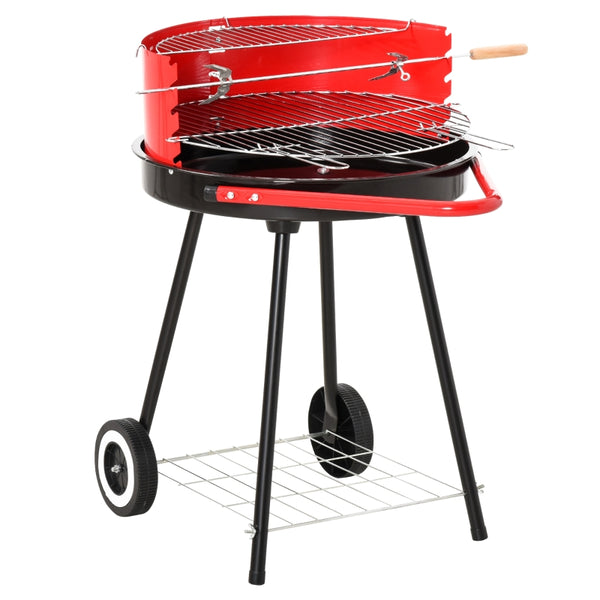 Outsunny Charcoal Barbecue Grill Garden BBQ Trolley w/ Adjustable Grill Pan Height, Wheels and 3 layers, Red