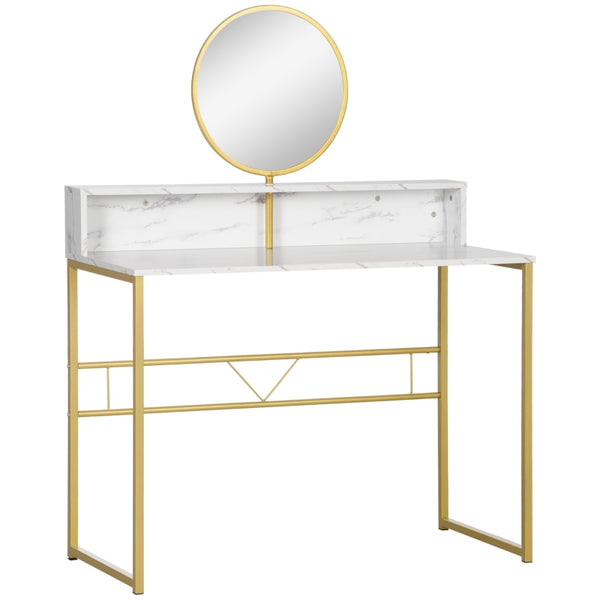 HOMCOM Modern Dressing Table with Round Mirror, Vanity Makeup Desk with Open Storage, Faux Marble Texture and Steel Frame for Bedroom, White