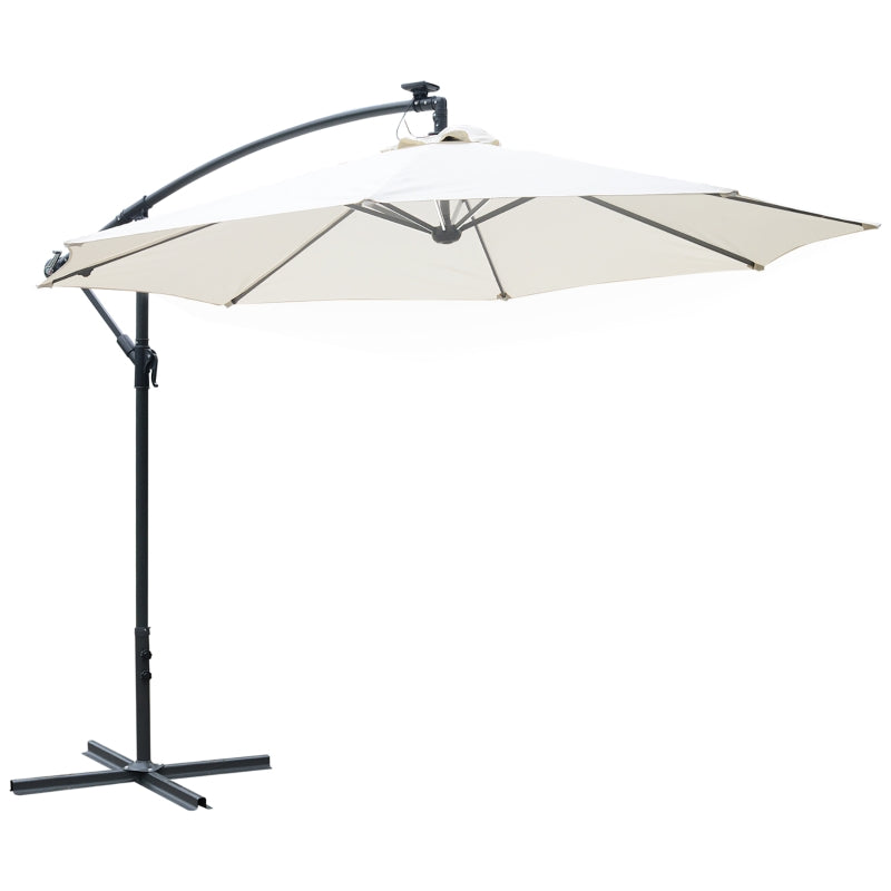 Outsunny 3(m) LED Cantilever Parasol Banana Garden Umbrella with Solar Lights, Crank Handle and Cross Base, Hanging Sun Shade, Off-White