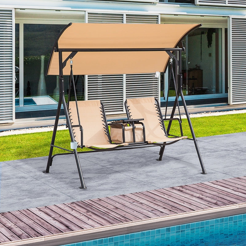 Outsunny 2-Seater Swing Chair Steel Frame Adjustable Canopy Texteline Garden Swing Seat w/ Middle Table Cup Holders Heavy Duty Outdoor Patio - Beige