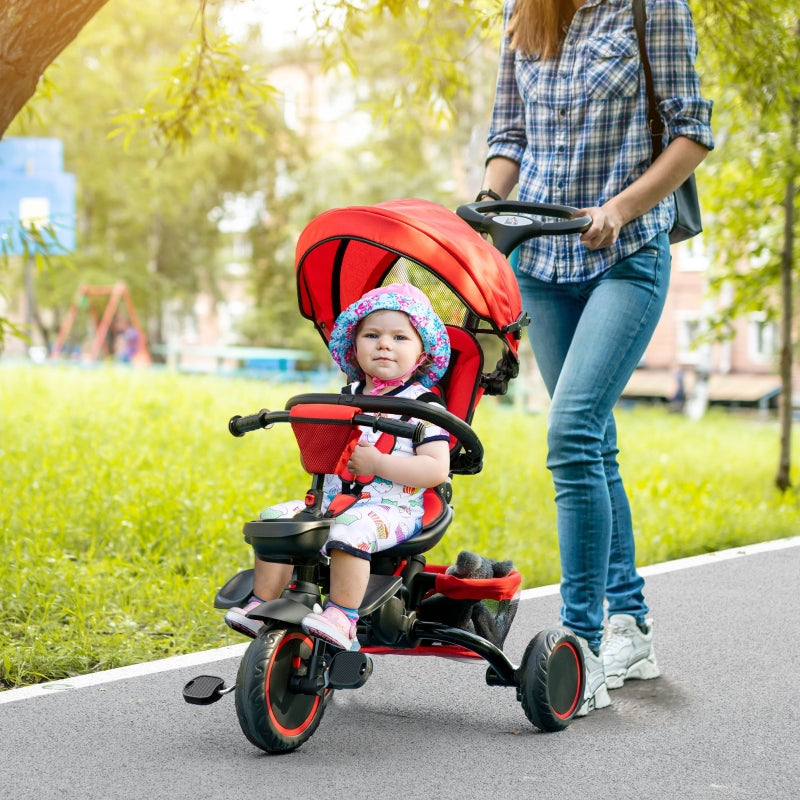 HOMCOM 7-in-1 Tricycle for Kids, Baby Trike with Rotatable Seat, Adjustable Push Handle, Safety Harness Detachable Canopy Semi-reclining Footrest Red