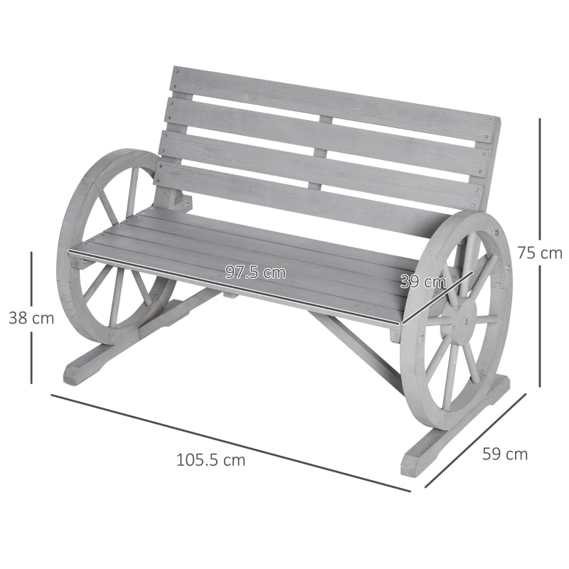 Outsunny 2 Seater Garden Bench Outdoor Garden Armrest Chair with Wooden Cart Wagon Wheel Rustic High Back Grey