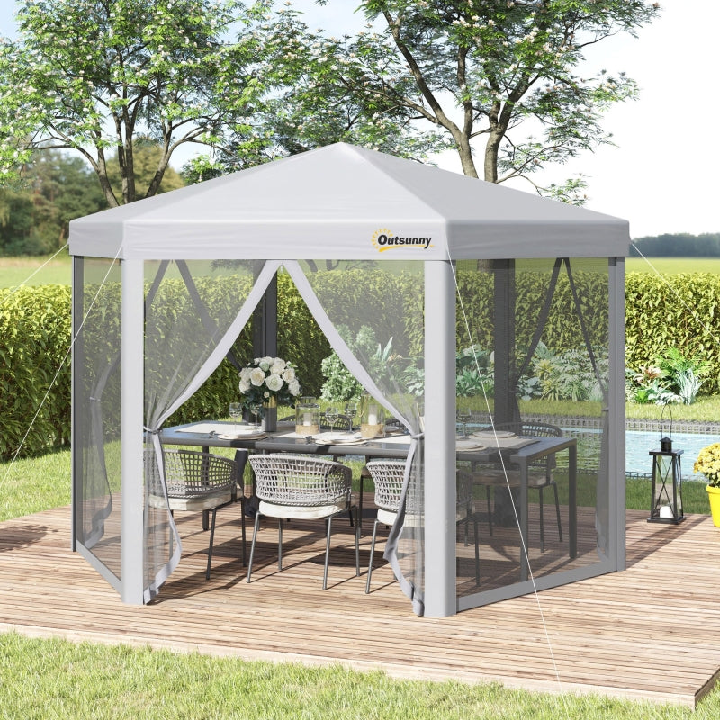 Outsunny 3 x 3(m) Pop Up Gazebo Hexagonal Foldable Canopy Tent Outdoor Event Shelter with Mesh Sidewall, Adjustable Height and Roller Bag, Grey