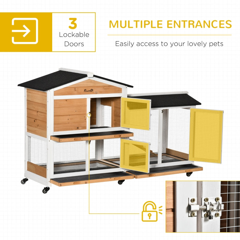 PawHut Two-Tier Wooden Rabbit Hutch Mobile Guinea Pig Cage Bunny Run w/ Wheels, Run, Slide-Out Tray, Ramp