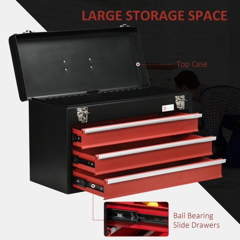 DURHAND 3 Drawer Tool Chest, Lockable Metal Tool Box with Ball Bearing Runners, Portable Toolbox, 510mm x 220mm x 320mm