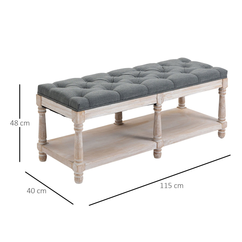 HOMCOM 2 Tier Shoe Rack Bench with Button Tufted Upholstered Cushion, Vintage Bed End Bench, Wooden Window Seat for Hallway, Living Room, Bedroom-Grey