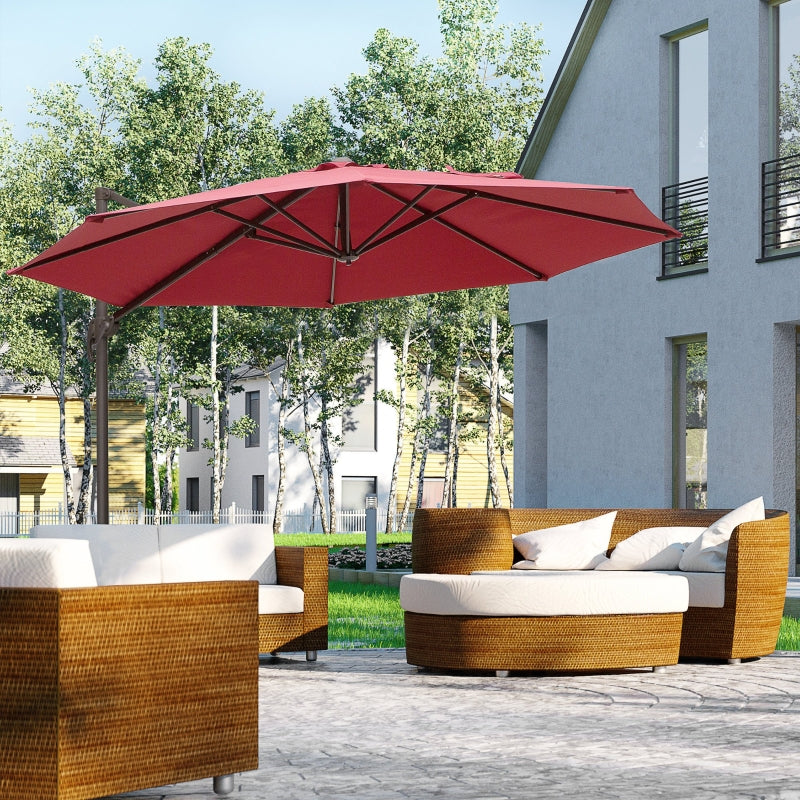 Outsunny 3m Cantilever Aluminium Frame 360 Rotation Hanging Parasol w/ Cross Base Wine Red