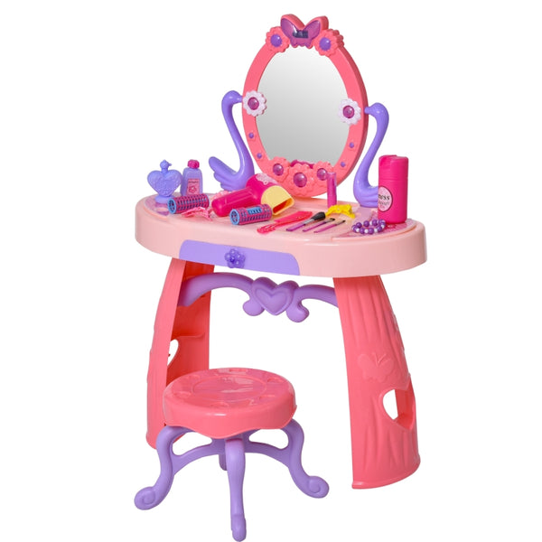 HOMCOM Kids Pretend Play Plastic Vanity Table Set Pink/Purple