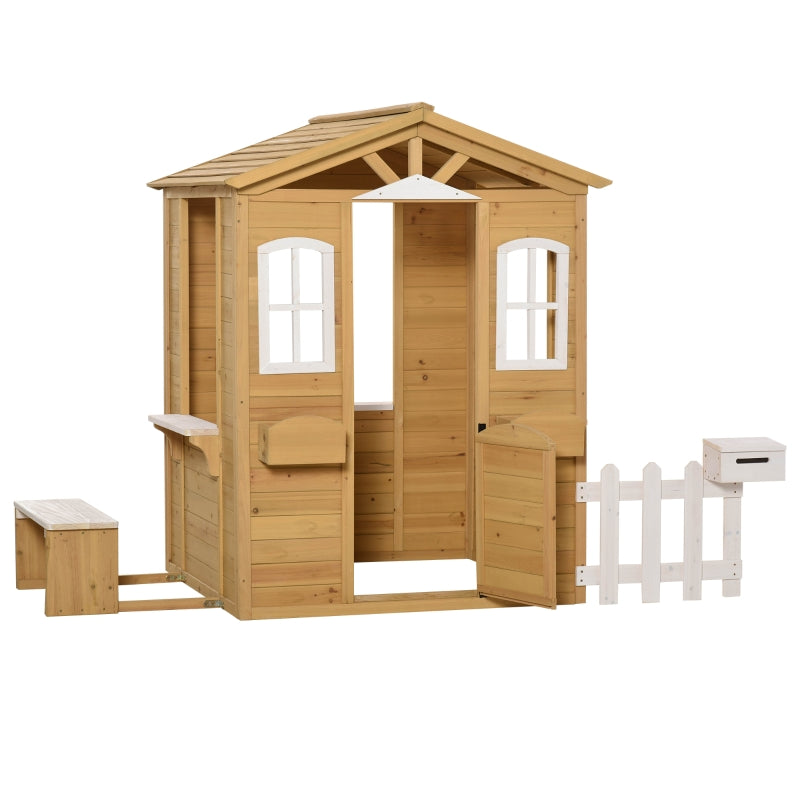 Outsunny Wooden Playhouse for Outdoor with Door Windows Mailbox Flower Pot Holder Serving Station Bench for Kids Children Toddlers Natural