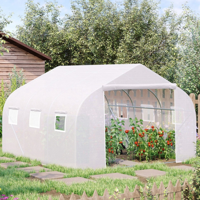 Outsunny 3.5 x 3 x 2m Walk-In Greenhouse Polytunnel Greenhouse Garden Hot House with Steel Frame, Roll Up Door and Windows, White