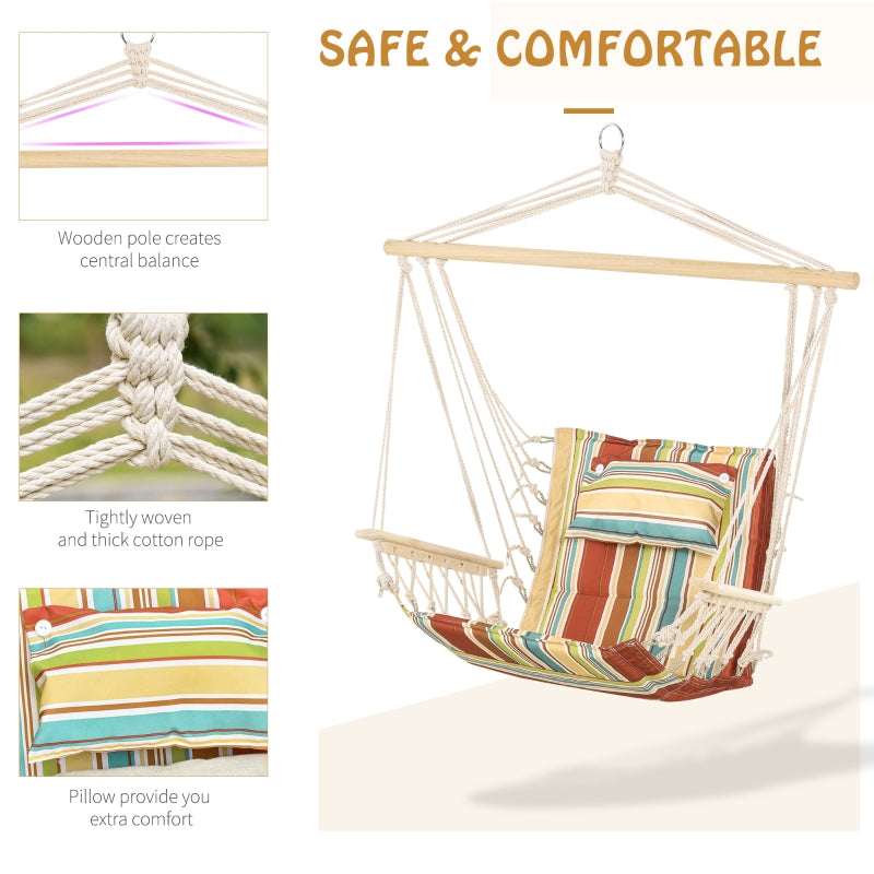 Outsunny Hanging Hammock Chair Swing Chair Thick Rope Frame Safe Wide Seat Indoor Outdoor Home, Patio, Yard, Garde Spot Stylish Multi-Color Stripe