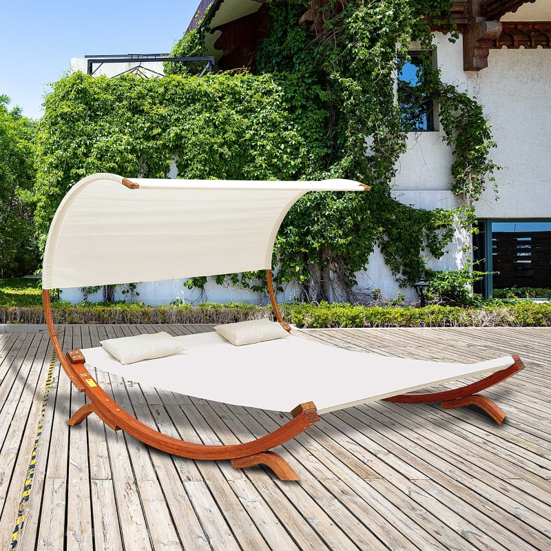 Outsunny Hammock Chaise Day Bed with Canopy Wooden Double Sun Lounger - Cream