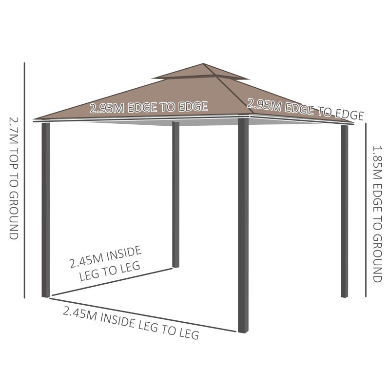 Outsunny 3 x 3 m Garden Metal Gazebo Square Outdoor Party Wedding Canopy Shelter w/Mesh, Brown