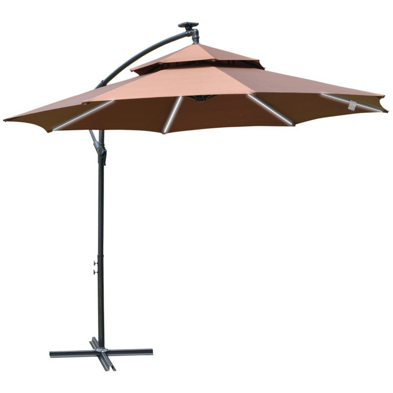 Outsunny 3(m) Cantilever Parasol Banana Hanging Umbrella with Double Roof, LED Solar lights, Crank, 8 Sturdy Ribs and Cross Base for Outdoor, Coffee