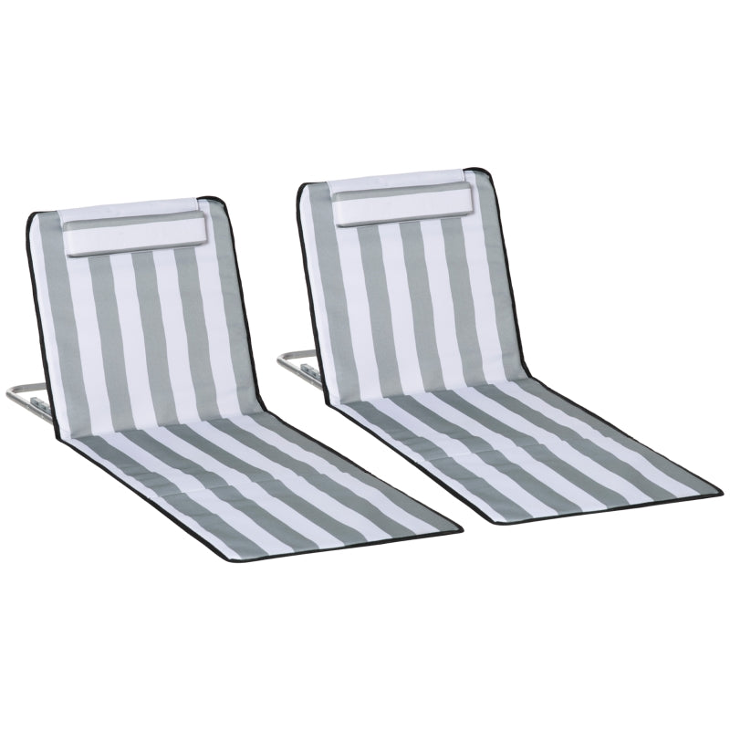 Outsunny Set of 2 Foldable Garden Beach Chair Mat Lightweight Outdoor Sun Lounger Seats Adjustable Back Metal Frame PE Fabric Head Pillow, Light Grey