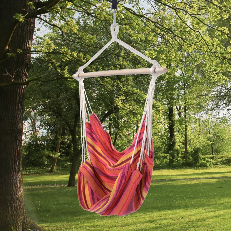 Outsunny Outdoor Hammock Hanging Rope Chair Garden Yard Patio Swing Seat Wooden w/ High Quality Cotton Cloth and Ropes (Red)