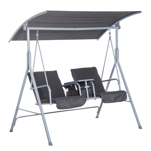 Outsunny 2 Seater Patio Rocking Bench Garden Swing Chair w/ Tilting Canopy, Double Padded Seats, Storage Bag and Tray, Grey