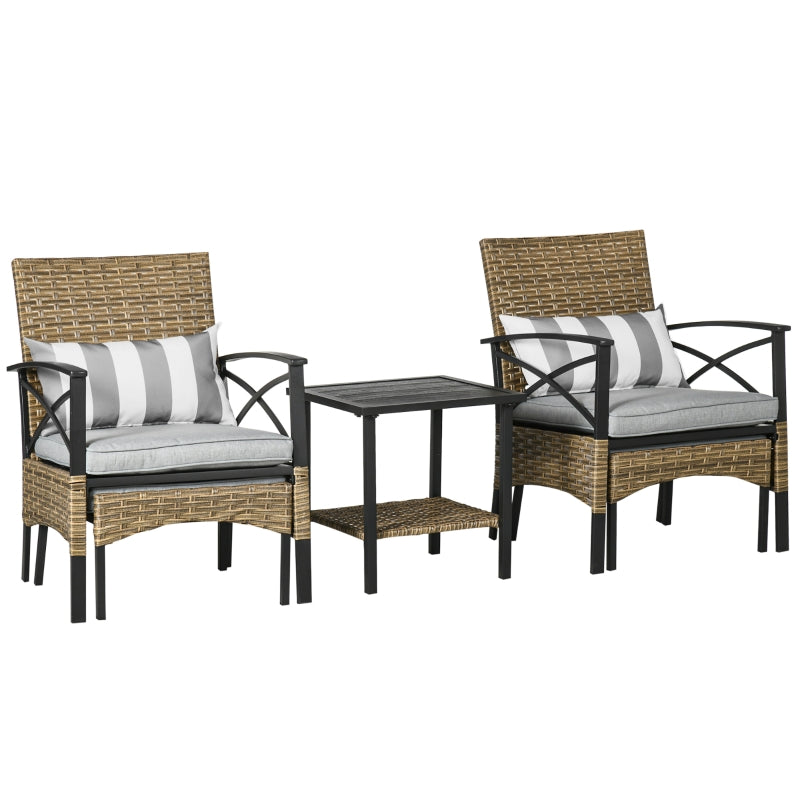 Outsunny 5 Piece PE Rattan Garden Furniture Set, 2 Armchairs, 2 Stools, Steel Tabletop with Wicker Shelf, Padded Outdoor Seating, Grey