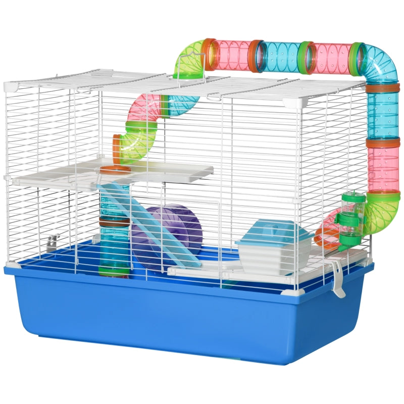 PawHut Large Hamster Cage, 3-Level Small Rodents House, with Tube Tunnel, Exercise Wheel, Water Bottle, Food Dish, Ramps, Hut, 59 x 36 x 47 cm, Blue