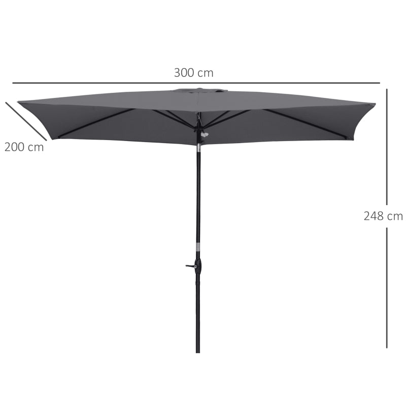 Outsunny 2 x 3(m) Garden Parasols Umbrellas Rectangular Patio Market Umbrella Outdoor Sun Shade w/ Crank & Push Button Tilt, Aluminium Pole Dark Grey