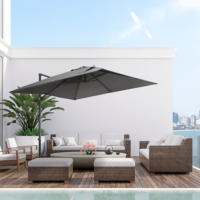 Outsunny 2.7 x 2.7 m Cantilever Parasol, Square Overhanging Umbrella with Cross Base, Crank Handle, Tilt, 360° Rotation and Aluminium Frame, Dark Grey