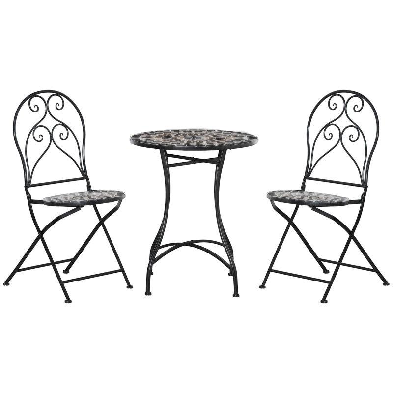 Outsunny 3 Piece Garden Outdoor Bistro Set with Coffee Table and 2 Folding Chairs, Mosaic Tile Top and Seats, Metal Frame, for Patio Balcony