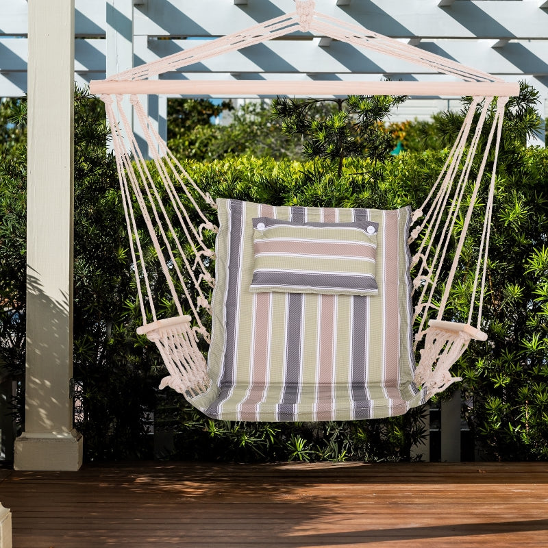 Outsunny Garden Outdoor Hanging Hammock Chair Thick Rope Frame Wooden Arms Safe Wide Seat Garden Outdoor Spot Stylish Multicoloured stripes