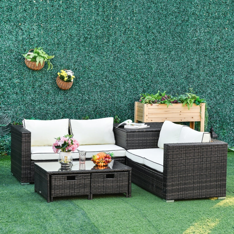 Outsunny 4-Seater Rattan Garden Furniture Patio Sofa Set Storage & Table Set w/ 2 Drawers Coffee Table & Corner Sofa, Brown