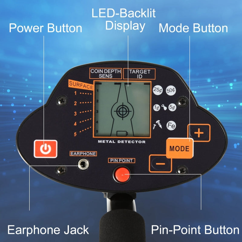 Outsunny Lightweight Metal Detector w/ All-Metal & Discrimination Modes, LED-Backlit Display, Waterproof Sensitive Search Coil, Adjustable Height