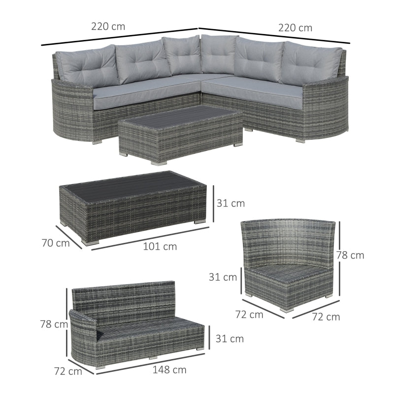 Outsunny 5-Seater Outdoor PE Rattan Sofa Set, Patio Wicker Sectional Conversation Aluminium Frame Corner Sofa Set w/ Padded Cushion, Mixed Grey