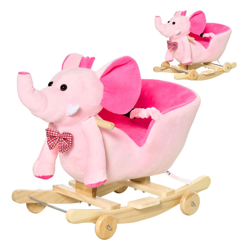 HOMCOM 2 In 1 Plush Baby Ride on Rocking Horse Elephant Rocker with Wheels Wooden Toy for Kids 32 Songs (Pink)