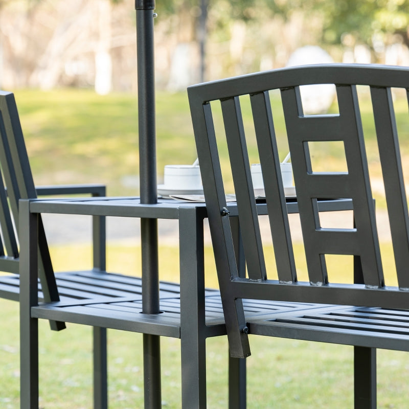 Outsunny Patio Tete-a-tete Chair 2 Seat Bench Middle Coffee Table w/ Umbrella Hole for Outdoors Decorative Slatted Design Steel Frame Black