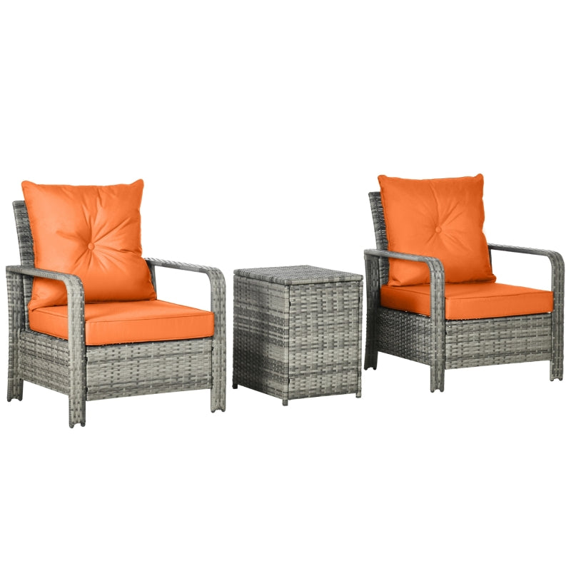 Outsunny 3 pcs PE Rattan Wicker Garden Furniture Patio Bistro Set Weave Conservatory Sofa Storage Table and Chairs Set Orange Cushion, Mixed Grey