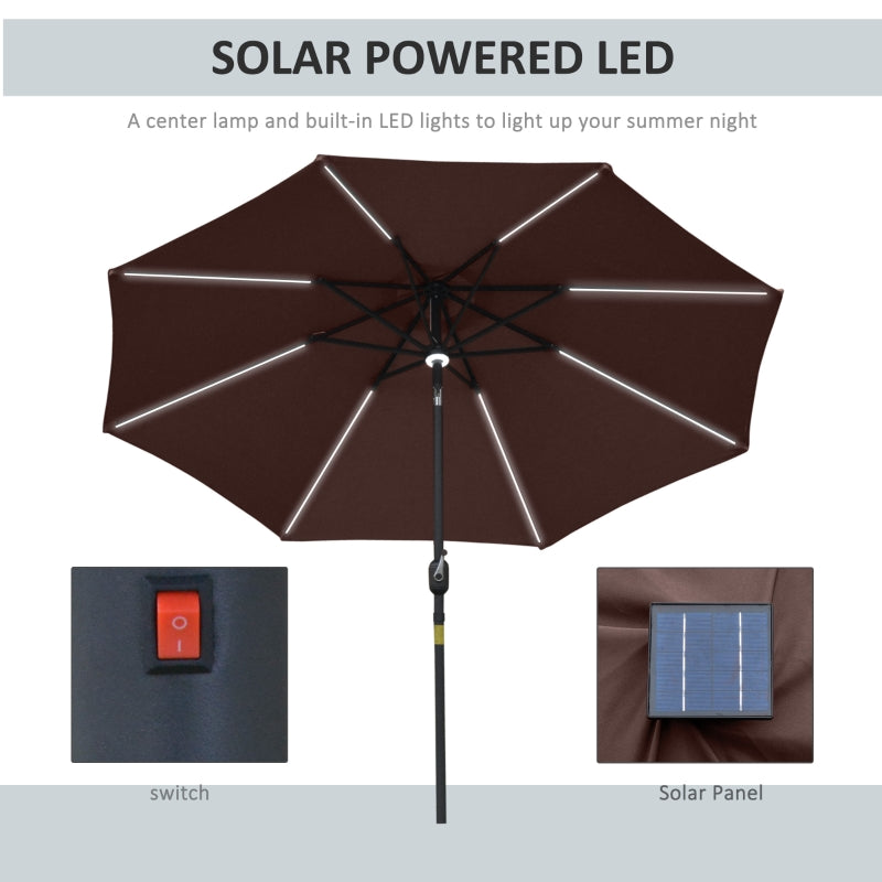 Outsunny 2.7m Garden Parasol Sun Umbrella Patio Summer Shelter w/ LED Solar Light, Angled Canopy, Vent, Crank Tilt, Coffee Brown