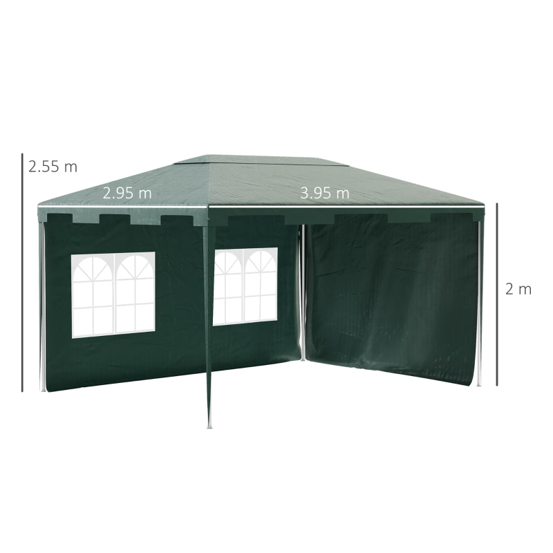 Outsunny 3 x 4 m Garden Gazebo Marquee Party Tent with 2 Sidewalls for Patio Yard Outdoor - Green